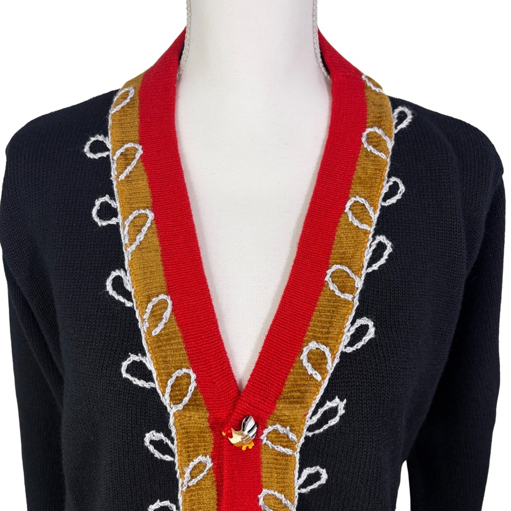 NWT Storybook Knits Rooster Cardigan Womens M Black Kitschy Novelty Sweater - Picture 3 of 9